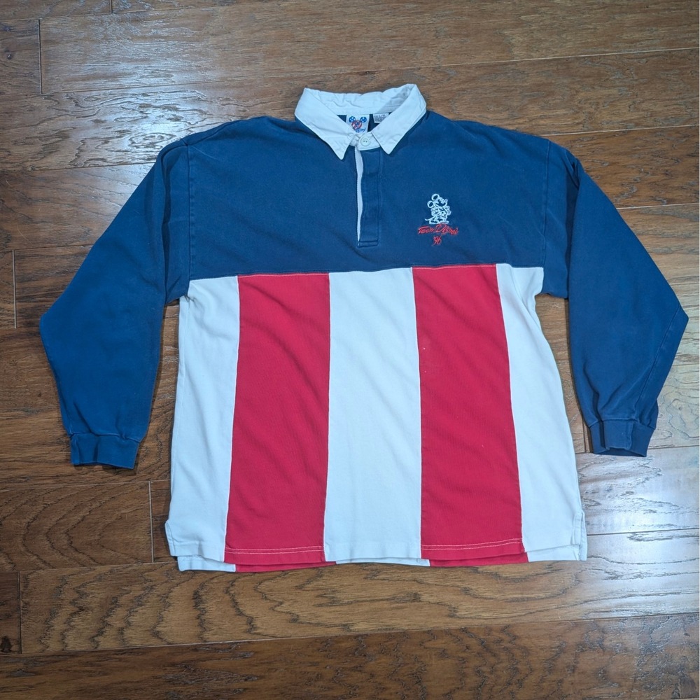 Vintage Team Disney 96 Rugby Shirt Mens L/XL Mickey Mouse Striped Navy Red White